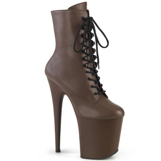 Product image of Pleaser FLAMINGO-1020 Mocha Faux Leather/Moch Matte 8 Inch Heel 4 Inch PF Lace-Up Front Ankle Boot Side Zip