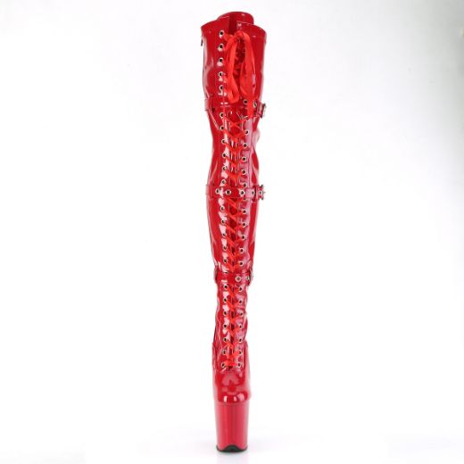 Product image of Pleaser FLAMINGO-3028 Red Str. Pat/Red 8 Inch Heel 4 Inch PF Lace-Up Front Thigh High Boot Side Zip