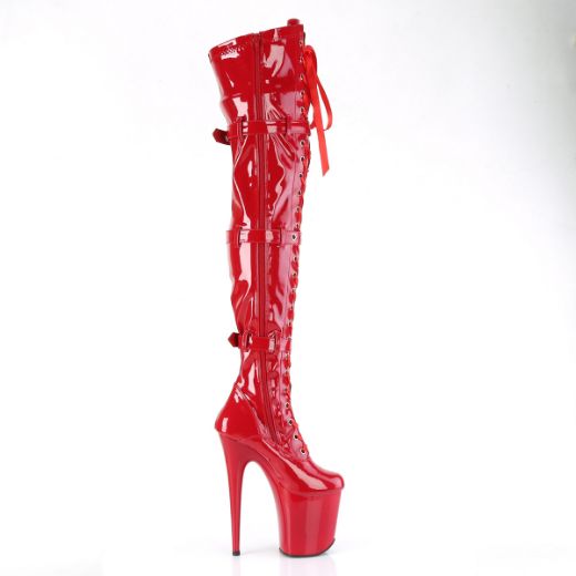 Product image of Pleaser FLAMINGO-3028 Red Str. Pat/Red 8 Inch Heel 4 Inch PF Lace-Up Front Thigh High Boot Side Zip