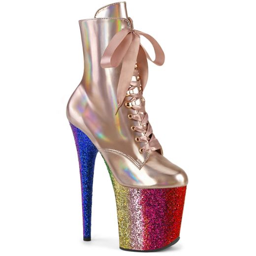 Product image of Pleaser FLAMINGO-1020HG Rose Gold Holo Pat/Rainbow Glitter 8 Inch Heel 4 Inch PF Lace-Up Front Ankle Boot Side Zip