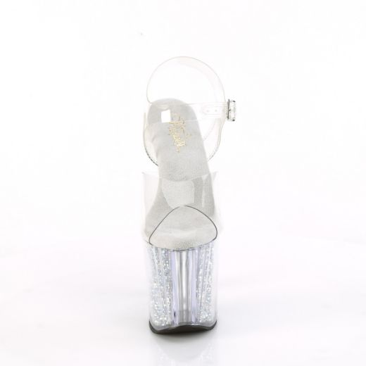 Product image of Pleaser ENCHANT-708RSI Clr/Clr-Slv AB RS 7 1/2 Inch Heel 3 1/2 Inch PF Ankle Strap Sandal w/RS Inserts