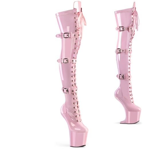 Product image of Pleaser CRAZE-3028 B. Pink Str. Pat/B. Pink 8 Inch Heelless 3 Inch PF Lace-Up Front Thigh Boot Side Zip