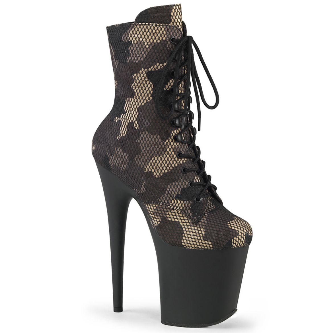 Product image of Pleaser FLAMINGO-1020CM Green Camo-Mesh/Blk Matte 8 Inch Heel 4 Inch PF Lace-Up Front Ankle Boot Side Zip