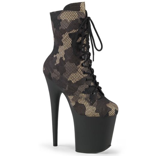 Product image of Pleaser FLAMINGO-1020CM Green Camo-Mesh/Blk Matte 8 Inch Heel 4 Inch PF Lace-Up Front Ankle Boot Side Zip