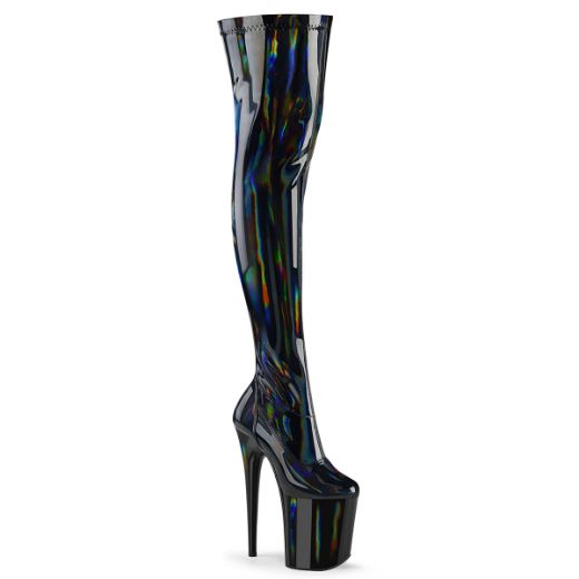Product image of Pleaser FLAMINGO-3000HWR Blk Str. Holo/Blk Holo 8 Inch Heel 4 Inch PF Stretch Thigh Boot Side Zip