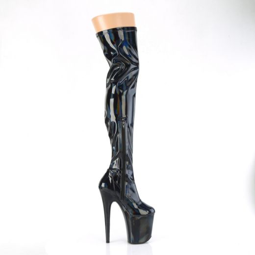 Product image of Pleaser FLAMINGO-3000HWR Blk Str. Holo/Blk Holo 8 Inch Heel 4 Inch PF Stretch Thigh Boot Side Zip