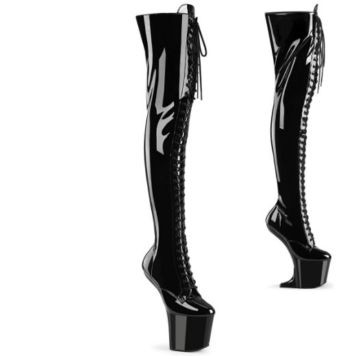 Product image of Pleaser CRAZE-3023 Blk Pat/Blk 8 Inch Heelless 3 Inch PF Lace-Up Stretch Thigh Boot Side Zip