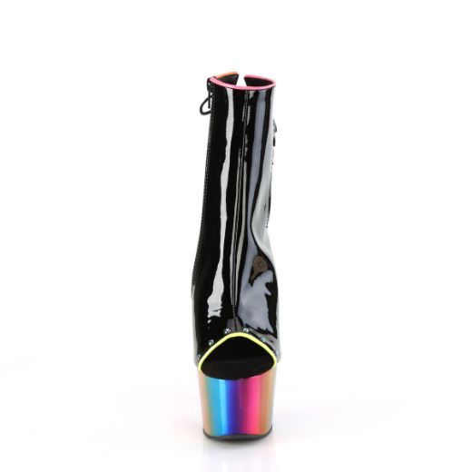 Product image of Pleaser ADORE-1018RC-02 Blk Pat/Rainbow Chrome 7 Inch Heel 2 3/4 Inch PF Open Toe/Back Ankle Boot Side Zip