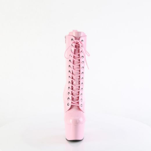 Product image of Pleaser ADORE-1040WR-HG B. Pink Holo Pat/M 7 Inch Heel 2 3/4 Inch PF Holographic Lace-Up Ankle Boot Side Zip