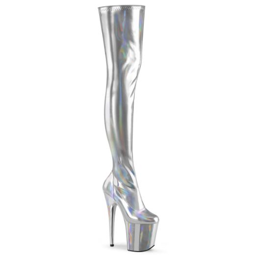 Product image of Pleaser FLAMINGO-3000HWR Slv Str. Holo/Slv Holo 8 Inch Heel 4 Inch PF Stretch Thigh Boot Side Zip