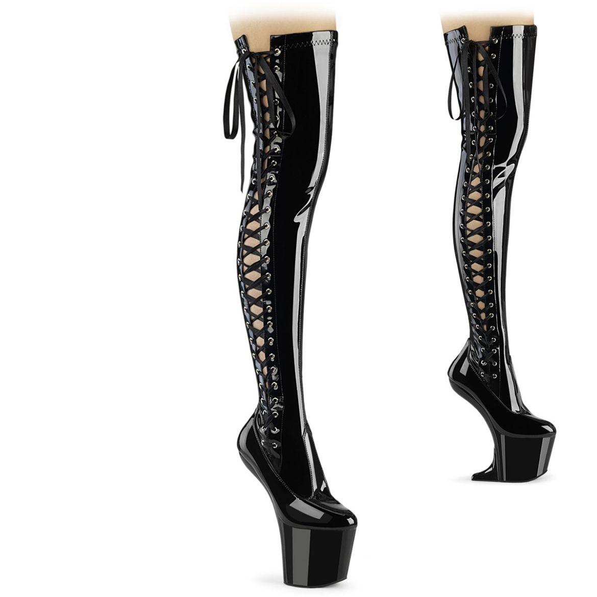 Product image of Pleaser CRAZE-3050 Blk Str. Pat/Blk 8 Inch Heelless 3 Inch PF Thigh  Boot w/Side Ribbon Lace Side Zip