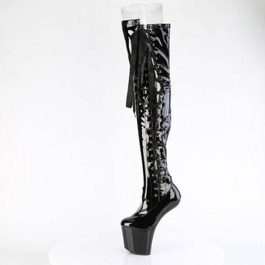 Product image of Pleaser CRAZE-3050 Blk Str. Pat/Blk 8 Inch Heelless 3 Inch PF Thigh  Boot w/Side Ribbon Lace Side Zip