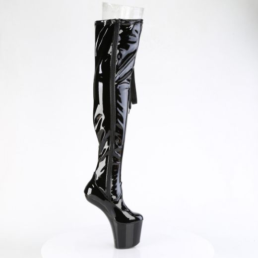 Product image of Pleaser CRAZE-3050 Blk Str. Pat/Blk 8 Inch Heelless 3 Inch PF Thigh  Boot w/Side Ribbon Lace Side Zip