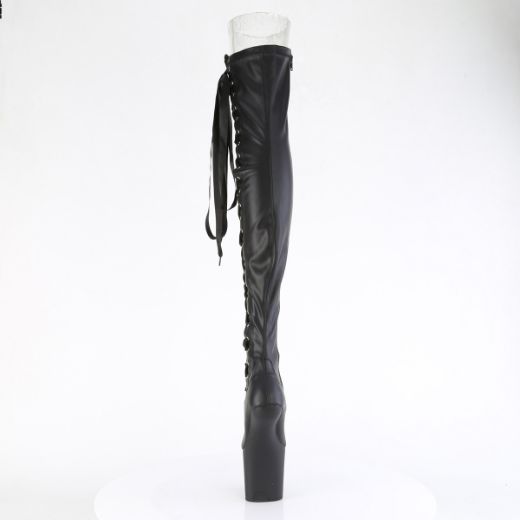 Product image of Pleaser CRAZE-3050 Blk Str. Faux Leather/Blk Matte 8 Inch Heelless 3 Inch PF Thigh  Boot w/Side Ribbon Lace Side Zip