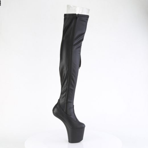 Product image of Pleaser CRAZE-3050 Blk Str. Faux Leather/Blk Matte 8 Inch Heelless 3 Inch PF Thigh  Boot w/Side Ribbon Lace Side Zip
