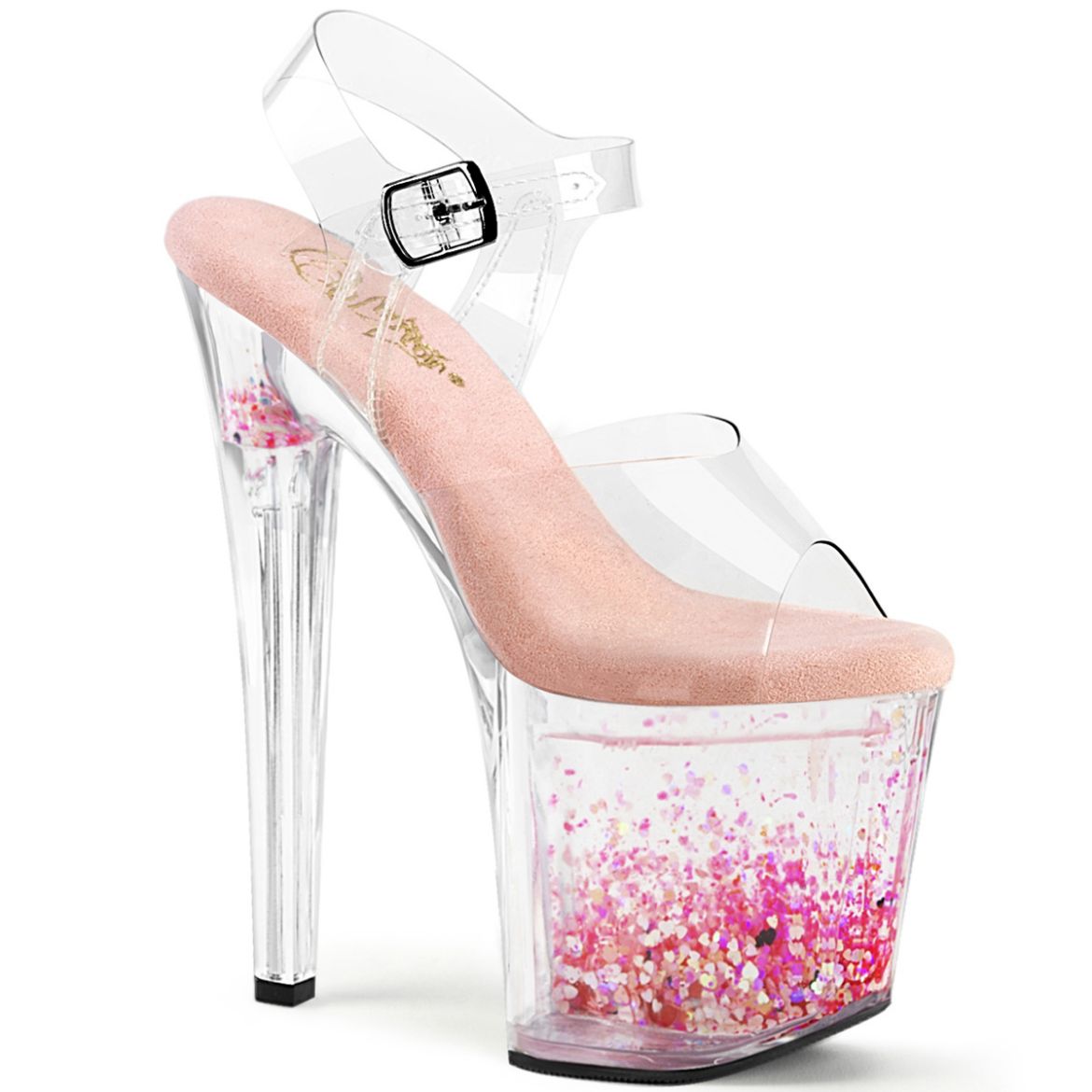 Product image of Pleaser ENCHANT-708AQUA-03 Clr/Clr-B. Pink 8 Inch Heel 3 3/4 Inch PF Ankle Strap Sandal