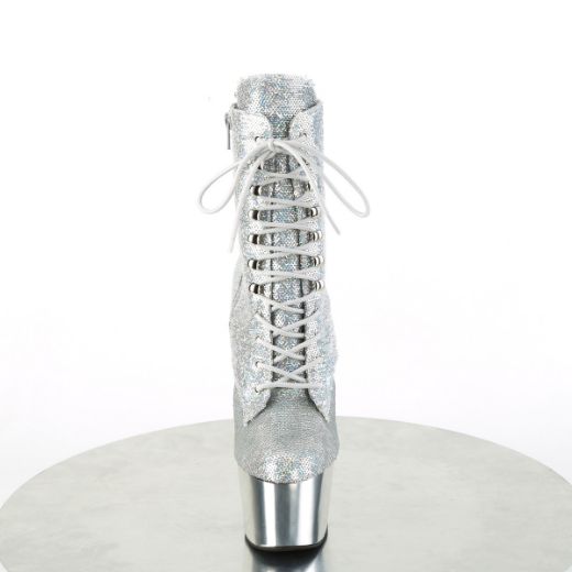 Product image of Pleaser ADORE-1020SQ-02 Slv Holo Sequins/Slv Chrome 7 Inch Heel 2 3/4 Inch PF Lace-Up Sequins Ankle Boot Side Zip