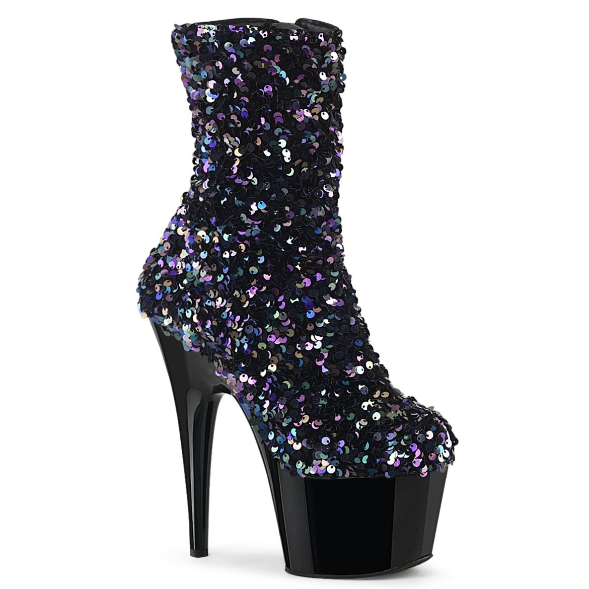 Product image of Pleaser ADORE-1042SQ Blk Multi Sequins/Blk 7 Inch Heel 2 3/4 Inch PF Sequins Ankle Boot Inside Zip
