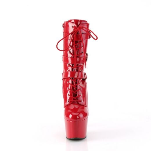 Product image of Pleaser ADORE-1043 Red Pat/Red Pat 7 Inch Heel 2 3/4 Inch PF Lace-Up Front Ankle Boot Side Zip