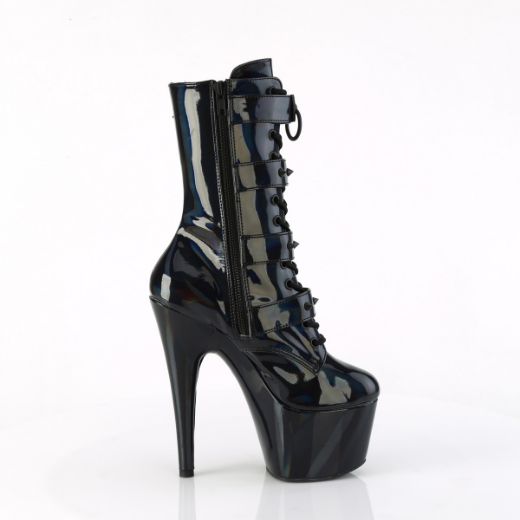 Product image of Pleaser ADORE-1046 Blk Holo Pat/Matching 7 Inch Heel 2 3/4 Inch PF Lace-Up Front Ankle Boot Side Zip