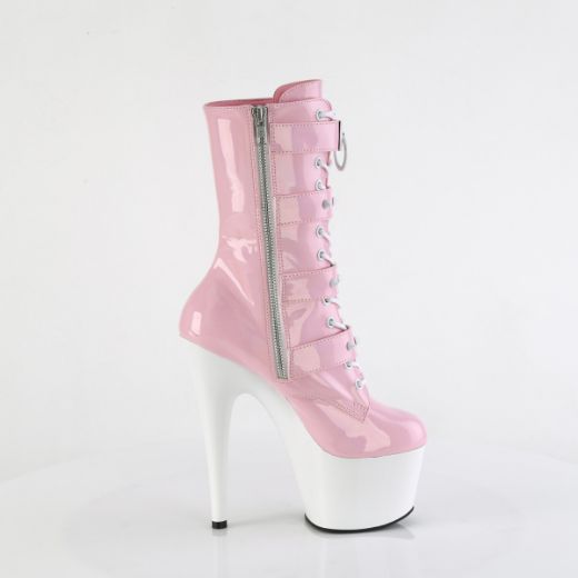 Product image of Pleaser ADORE-1046TT B. Pink Holo Pat/Wht 7 Inch Heel 2 3/4 Inch PF Two Tone Lace-Up Ankle Boot Side Zip