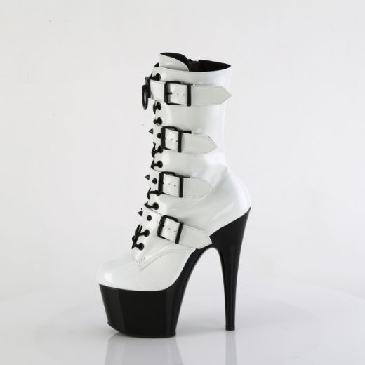 Product image of Pleaser ADORE-1046TT Wht Holo Pat/Blk 7 Inch Heel 2 3/4 Inch PF Two Tone Lace-Up Ankle Boot Side Zip