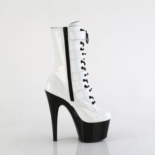 Product image of Pleaser ADORE-1046TT Wht Holo Pat/Blk 7 Inch Heel 2 3/4 Inch PF Two Tone Lace-Up Ankle Boot Side Zip