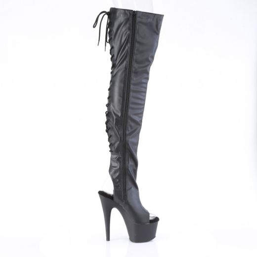 Product image of Pleaser ADORE-3017 Blk Str. Faux Leather 7 Inch Heel 2 3/4 Inch PF Open Heel/Toe Thigh High Boot Side Zip