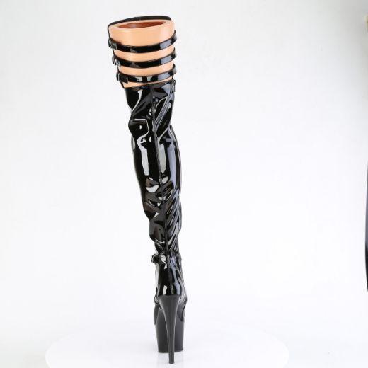 Product image of Pleaser ADORE-3055 Blk Str. Pat/Blk 7 Inch Heel 2 3/4 Inch PF Stretch Buckle Strap Thigh Boot Side Zip