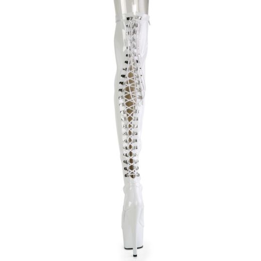 Product image of Pleaser ADORE-3063 Wht Str Pat/Wht 7 Inch Heel 2 3/4 Inch PF Lace-Up Back Stretch Thigh Boot Side Zip