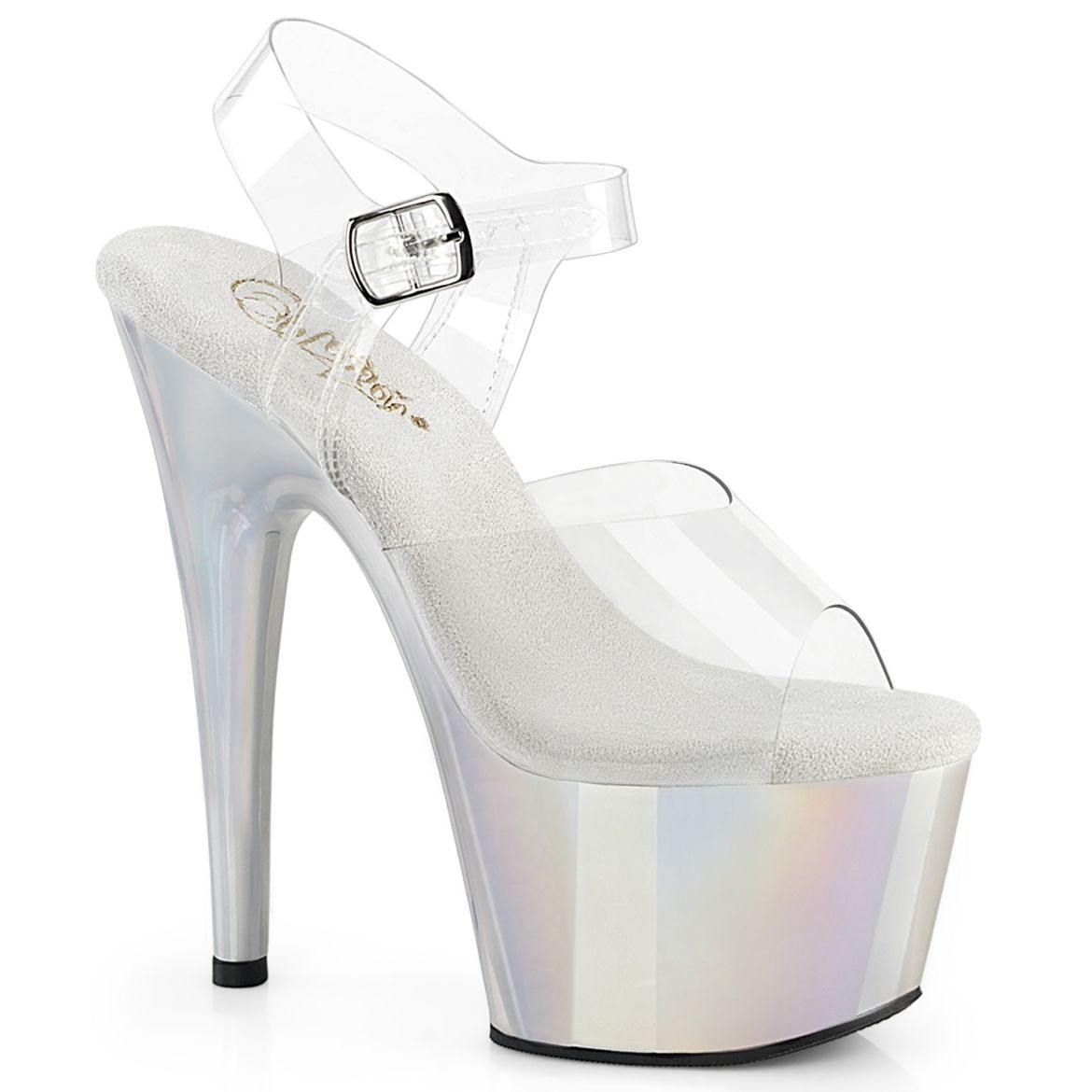 Product image of Pleaser ADORE-708LQ Clr/Liquid Slv Hologram 7 Inch Heel 2 3/4 Inch PF Ankle Strap Sandal