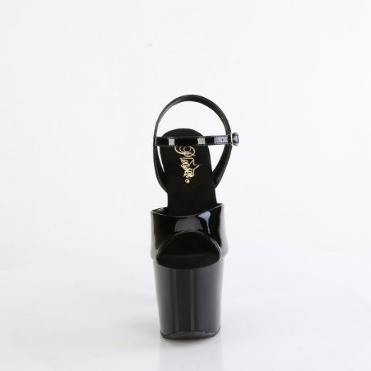 Product image of Pleaser BLISS-709 Blk Pat/Blk-Slv Chrome 7 Inch Beaded Heel 3 1/4 Inch PF Ankle Strap Sandal