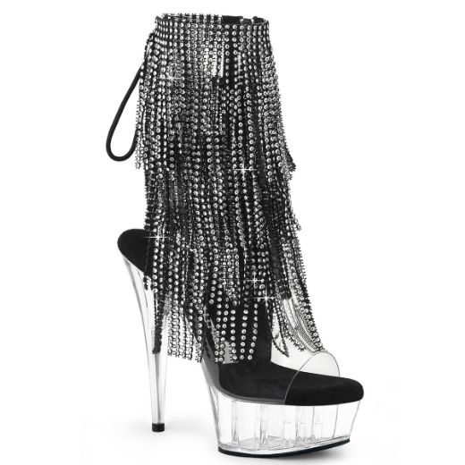 Product image of Pleaser DELIGHT-1017RSF Clr-Blk/Clr 6 Inch Heel 1 3/4 Inch PF Open Toe/Heel Lace-Up Fringe Ankle Boot