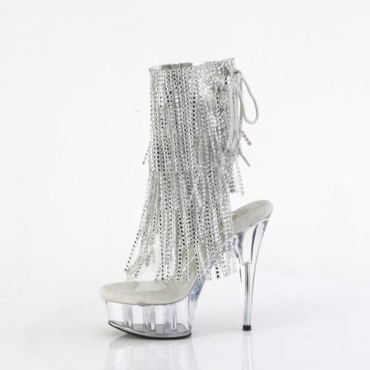 Product image of Pleaser DELIGHT-1017RSF Clr-Slv/Clr 6 Inch Heel 1 3/4 Inch PF Open Toe/Heel Lace-Up Fringe Ankle Boot