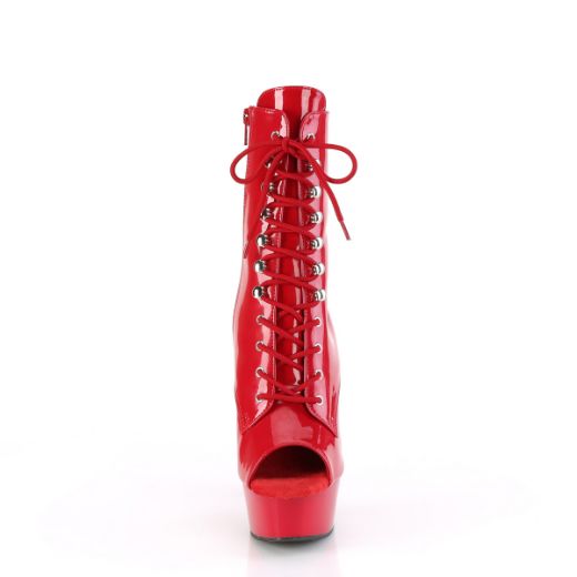 Product image of Pleaser DELIGHT-1021 Red Pat/Red 6 Inch Heel 1 3/4 Inch PF Peep Toe Lace-Up Ankle Boot Side Zip