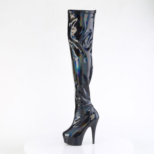 Product image of Pleaser DELIGHT-3000HWR Blk Hologram Pat/M 6 Inch Heel 1 3/4 Inch PF Stretch Thigh Boot  12 Inch Side Zip