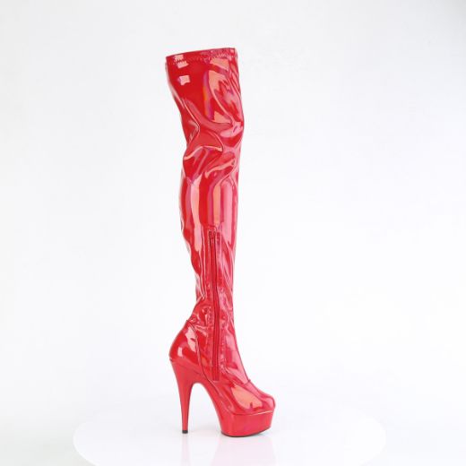 Product image of Pleaser DELIGHT-3000HWR Red Hologram Pat/M 6 Inch Heel 1 3/4 Inch PF Stretch Thigh Boot  12 Inch Side Zip