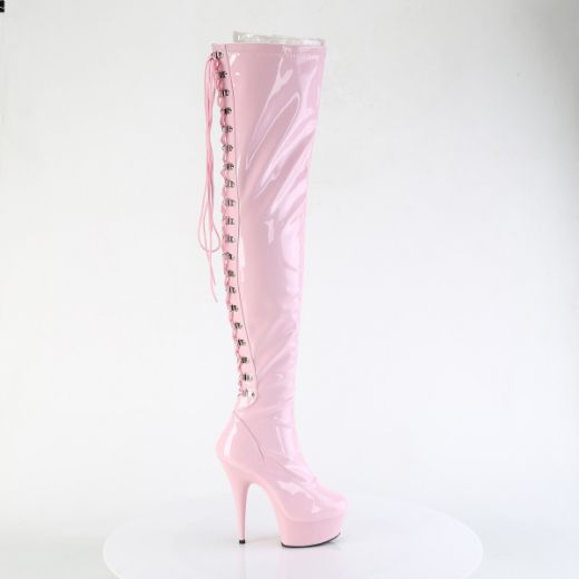 Product image of Pleaser DELIGHT-3063 B. Pink Str Pat/B. Pink 6 Inch Heel 1 3/4 Inch PF Back Lace Stretch Thigh Boot Side Zip