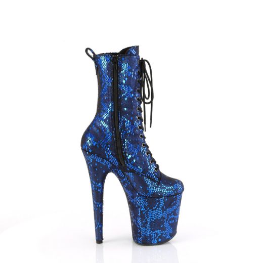 Product image of Pleaser FLAMINGO-1040SPF Blue Metallic Snake Print Fabric/M 8 Inch Heel 4 Inch PF Lace-Up Front Ankle Boot Side Zip
