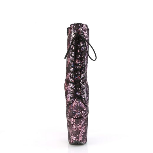 Product image of Pleaser FLAMINGO-1040SPF B. Pink Metallic Holo Snake Print Fabric/M 8 Inch Heel 4 Inch PF Lace-Up Front Ankle Boot Side Zip