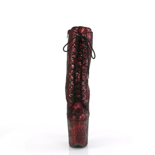 Product image of Pleaser FLAMINGO-1040SPF Red Metallic Snake Print Fabric/M 8 Inch Heel 4 Inch PF Lace-Up Front Ankle Boot Side Zip