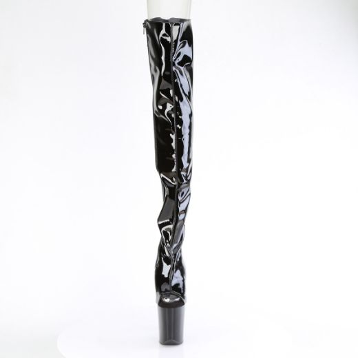 Product image of Pleaser FLAMINGO-3017 Blk Str Pat/Blk 8 Inch Heel 4 Inch PF Open Toe/Heel Stretch Thigh Boot Side Zip