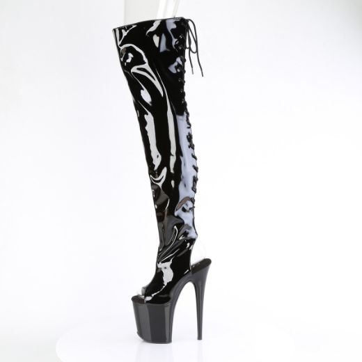 Product image of Pleaser FLAMINGO-3017 Blk Str Pat/Blk 8 Inch Heel 4 Inch PF Open Toe/Heel Stretch Thigh Boot Side Zip