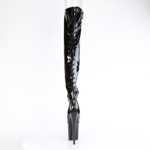 Product image of Pleaser FLAMINGO-3017 Blk Str Pat/Blk 8 Inch Heel 4 Inch PF Open Toe/Heel Stretch Thigh Boot Side Zip