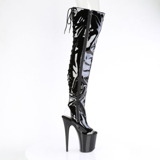 Product image of Pleaser FLAMINGO-3017 Blk Str Pat/Blk 8 Inch Heel 4 Inch PF Open Toe/Heel Stretch Thigh Boot Side Zip