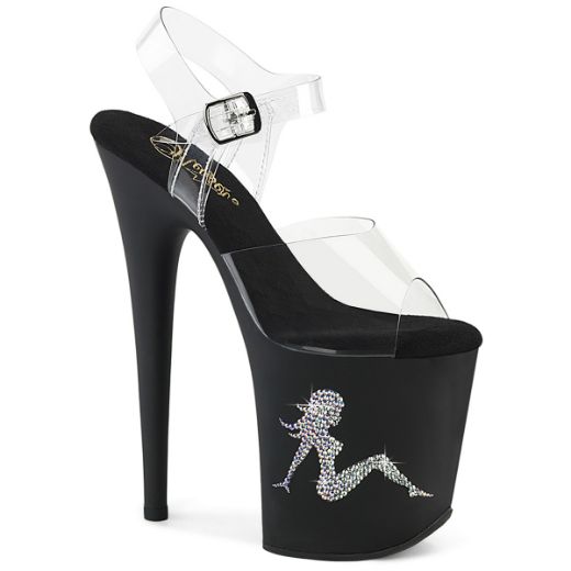 Product image of Pleaser FLAMINGO-808TGRS Clr/Blk-AB Slv 8 Inch Heel 4 Inch PF Ankle Strap Sandal w/RS Trucker Girl