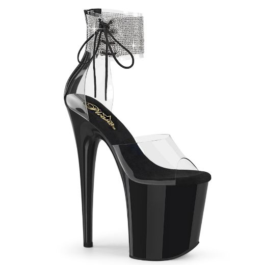 Product image of Pleaser FLAMINGO-824RS Clr/Blk 8 Inch Heel 4 Inch PF Rhinestoned Ankle Cuff Sandal Back Zip