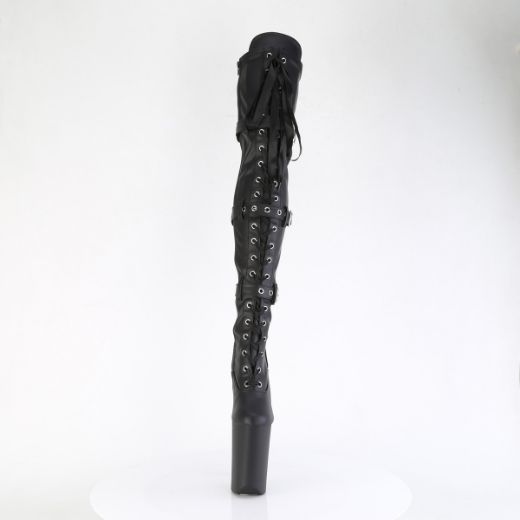 Product image of Pleaser INFINITY-3028 Blk Str Faux Le/Blk Matte 9 Inch Heel 5 1/4 Inch PF Buckled Lace Up Thigh Boot Side Zip