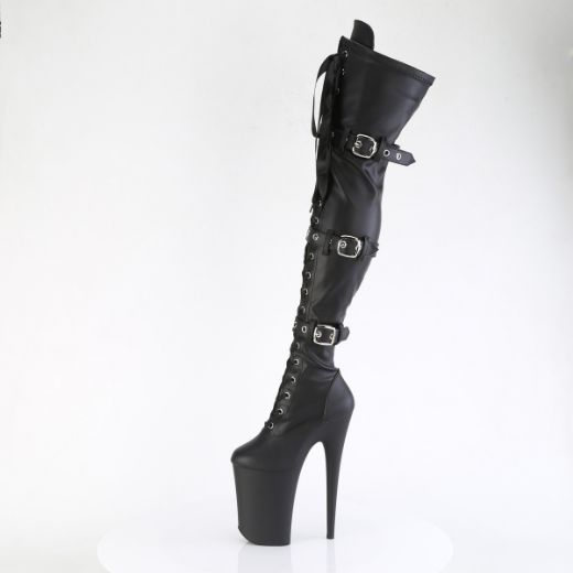 Product image of Pleaser INFINITY-3028 Blk Str Faux Le/Blk Matte 9 Inch Heel 5 1/4 Inch PF Buckled Lace Up Thigh Boot Side Zip
