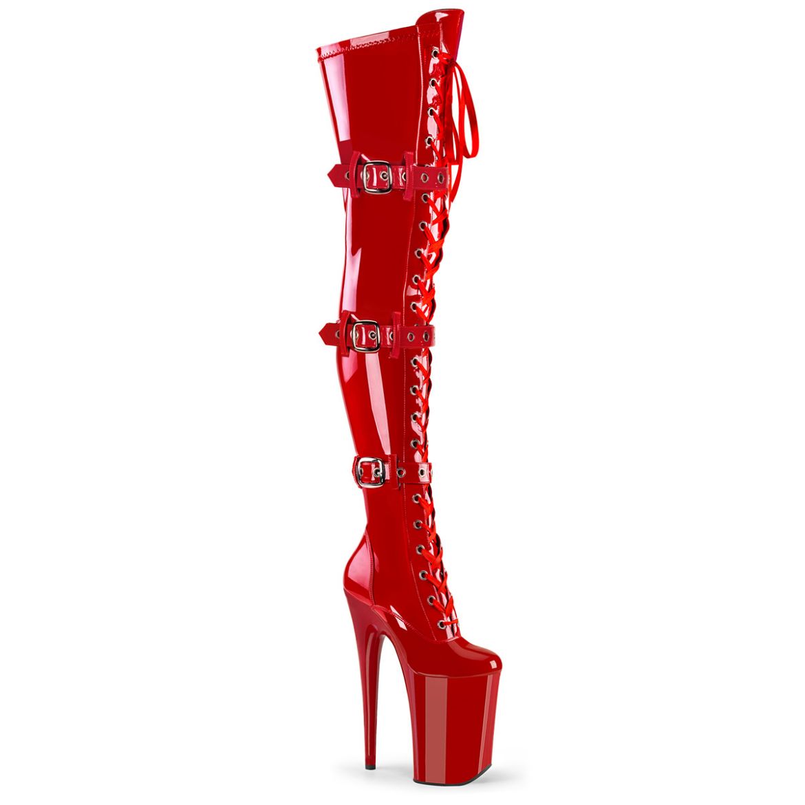 Product image of Pleaser INFINITY-3028 Red Str Pat/Red 9 Inch Heel 5 1/4 Inch PF Buckled Lace Up Thigh Boot Side Zip